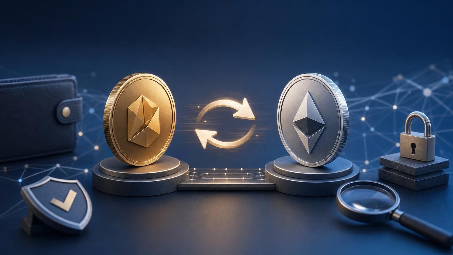 A crypto exchange screen beside a hardware wallet and a handwritten checklist for verifying the asset, network, address, and transaction details